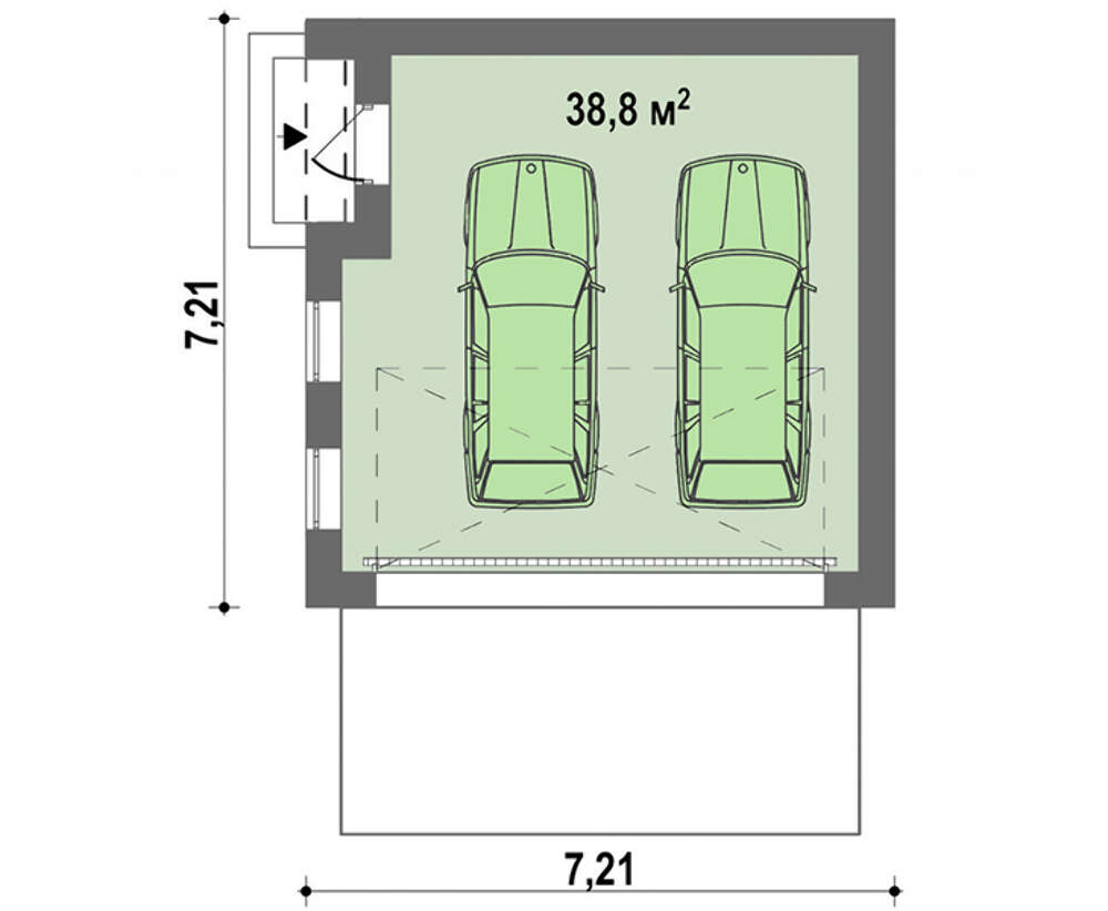 Планировка удобного гаража площадью 39 кв.м. на 2 авто