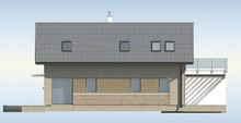 Проект дома для узкого участка с удобным гаражом и террасой над ним