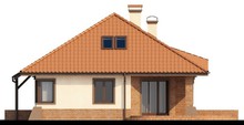 Проект дома с гаражом, террасой и фигурной крышей