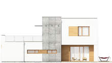Проект двухэтажного особняка в стиле минимализма с декором из гранитных плит общей площадью 220 кв. м, жилой 86 кв. м