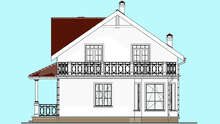 План двухэтажного дома в контрастном исполнении с ажурным ограждением террасы и балкона общей площадью 133 кв. м.