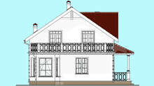 План двухэтажного дома в контрастном исполнении с ажурным ограждением террасы и балкона общей площадью 133 кв. м.