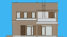 Проект современного двухэтажного дома площадью 148 кв. м с оригинальной конструкцией балкона и террасы