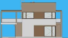 Проект современного двухэтажного дома площадью 148 кв. м с оригинальной конструкцией балкона и террасы