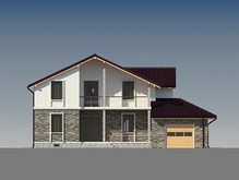 Проект двухэтажного загородного коттеджа с кирпичным фасадом и пристроенным гаражом