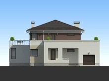 Проект жилого коттеджа с террасой и удобным гаражом для 1 авто