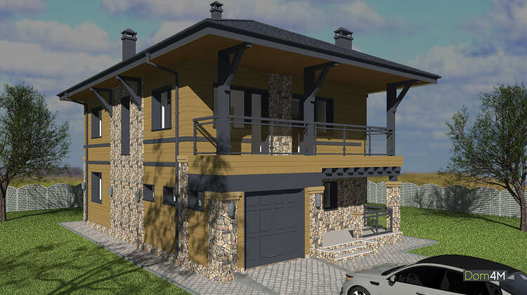 Схема просторного дома площадью 150 кв. м с просторным балконом и встроенным гаражом