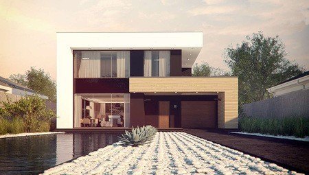 Проект современного двухэтажного дома с встроенным гаражом
