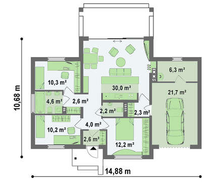 Проект компактного одноэтажного коттеджа интересного дизайна