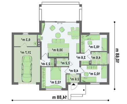 Проект компактного одноэтажного коттеджа интересного дизайна