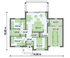 Проект компактного одноэтажного коттеджа интересного дизайна