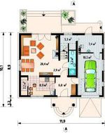 Архитектурный проект оригинального коттеджа с мансардой и выходом в сад