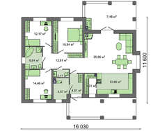 Оригинальный загородный коттедж с одним этажом и просторной террасой