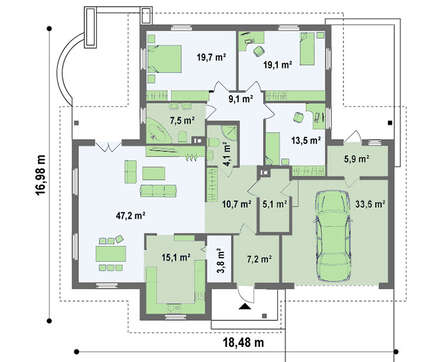 Большой одноэтажный коттедж с гаражом для двух машин