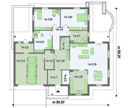 Большой одноэтажный коттедж с гаражом для двух машин
