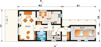 План двухэтажного загородного коттеджа с просторной зоной приема гостей