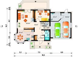 План коттеджа на два этажа с полукруглым эркером