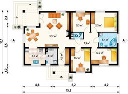 Уютный одноэтажный коттедж с колоннами и террасами