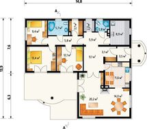 Чертеж компактного дома на 130 кв. м с просторной гостиной и камином