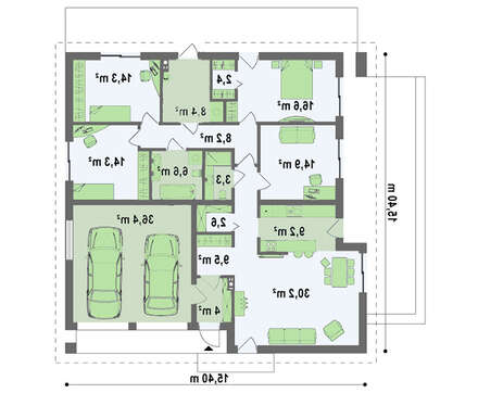 Проект дома с четырёхскатной крышей и гаражом на 2 машины