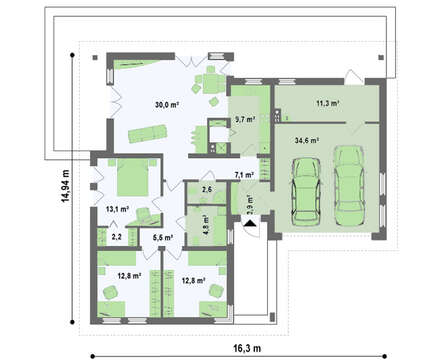 Функциональный проект одноэтажного коттеджа с гаражом для 2 автомобилей