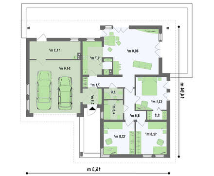 Функциональный проект одноэтажного коттеджа с гаражом для 2 автомобилей