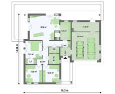 Функциональный проект одноэтажного коттеджа с гаражом для 2 автомобилей