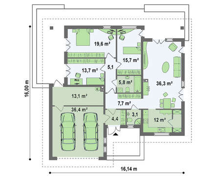 Проект просторного коттеджа с мансардой и гаражом для 2 автомобилей
