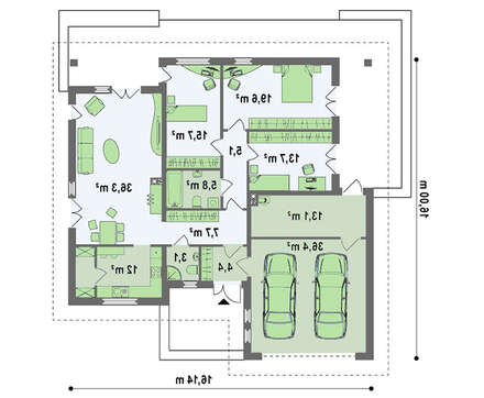 Проект просторного коттеджа с мансардой и гаражом для 2 автомобилей
