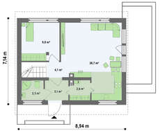 Проект компактного дома с мансардой с двускатной крышей