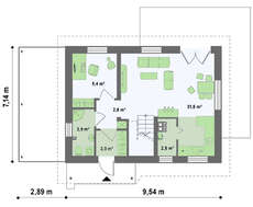 Проект экономичного недорогого коттеджа с навесом для 1 автомобиля