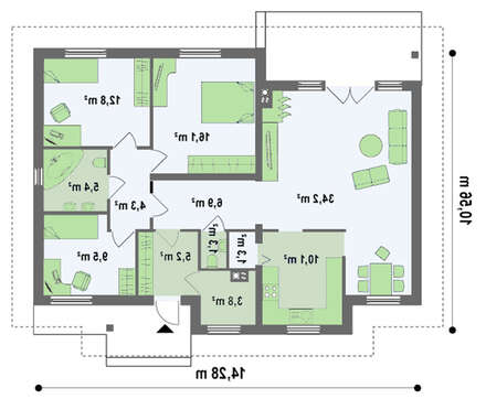 Проект одноэтажного коттеджа с многоскатной крышей