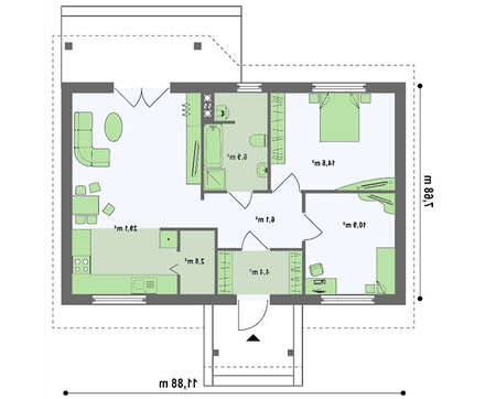 Проект уютного одноэтажного домика с двумя спальнями