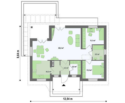 Небольшой одноэтажный дом с 2-я спальнями