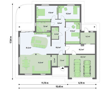 Проект 1-этажного коттеджа с гаражом для 2 машин