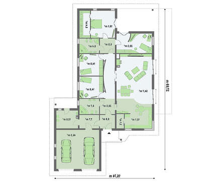 Одноэтажный проект коттеджа для узкого участка с большим гаражом Одноэтажный проект коттеджа для узкого участка с большим гаражом