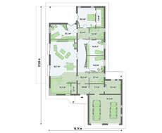 Одноэтажный проект коттеджа для узкого участка с большим гаражом