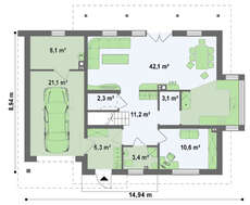 Проект компактного одноэтажного дома с террасой над гаражом