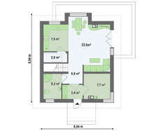 Проект негабаритного аккуратного дачного дома с двускатной крышей