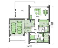 Проект небольшого двухэтажного коттеджа с панорамным окном в гостиной