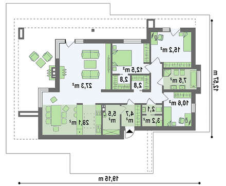 Одноэтажный модерновый проект для узкого участка