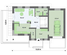 Проект дома с гаражом, красивой яркой мансардой и боковой террасой