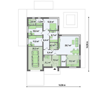 Проект одноэтажного коттеджа с большими панорамными окнами