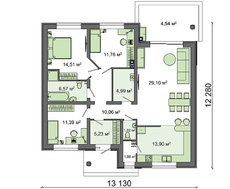 Проект загородного коттеджа с тремя спальнями и двускатной крышей