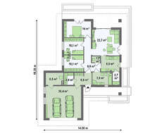 Проект одноэтажного дома с гаражом на две машины площадью до 150 m²