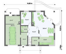 Проект дома с гаражом, террасой и фигурной крышей