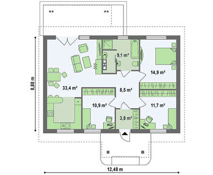 Одноэтажный дом с двухскатной крышей в классическом стиле