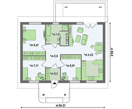Одноэтажный дом с двухскатной крышей в классическом стиле