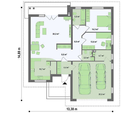 Большой одноэтажный коттедж с гаражом для двух авто