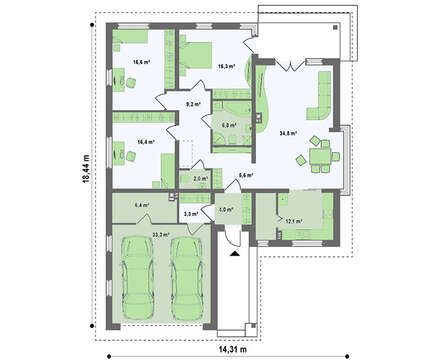 Одноэтажный дом с гаражом на две машины и панорамным окном в гостиной